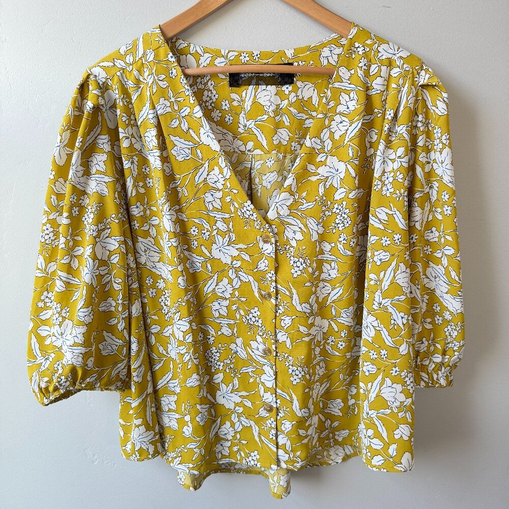 Code X Mode Dolman Quarter Puffy Statement Sleeve Yellow White Floral Blouse